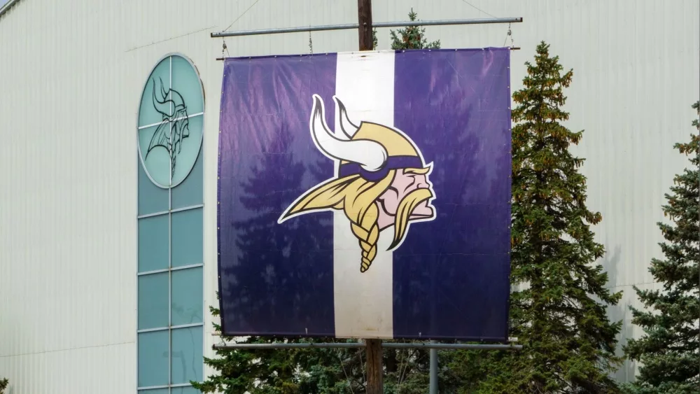 EDEN PRAIRIE, MN/USA - August 13, 2015: Minnesota Vikings practice facility and flag. The Minnesota Vikings are a professional American football team based in Minneapolis, Minnesota.