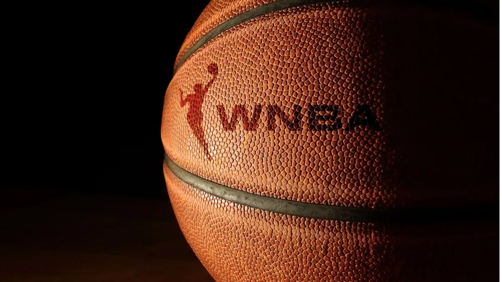 Closeup of a basketball with the WNBA logo and text. Raleigh, NC - USA - 06-13-2024