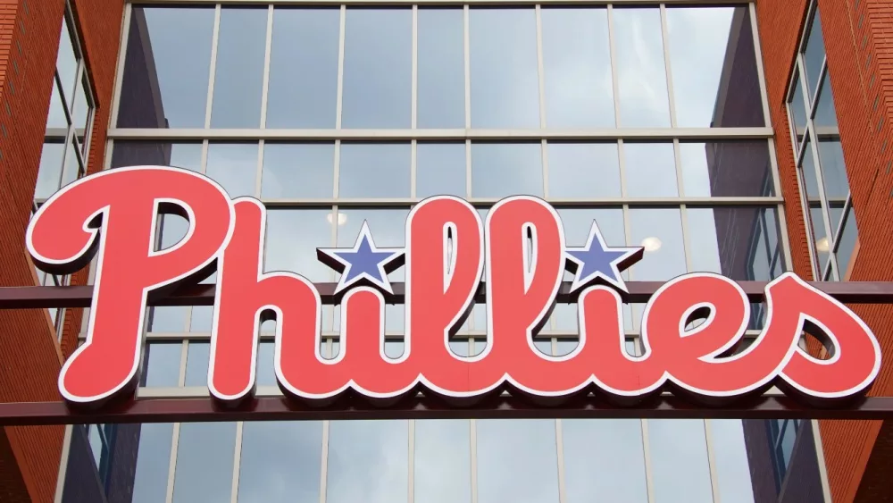 Philadelphia, Pennsylvania - April 6, 2024: A sign for the MLB Philadelphia Phillies.