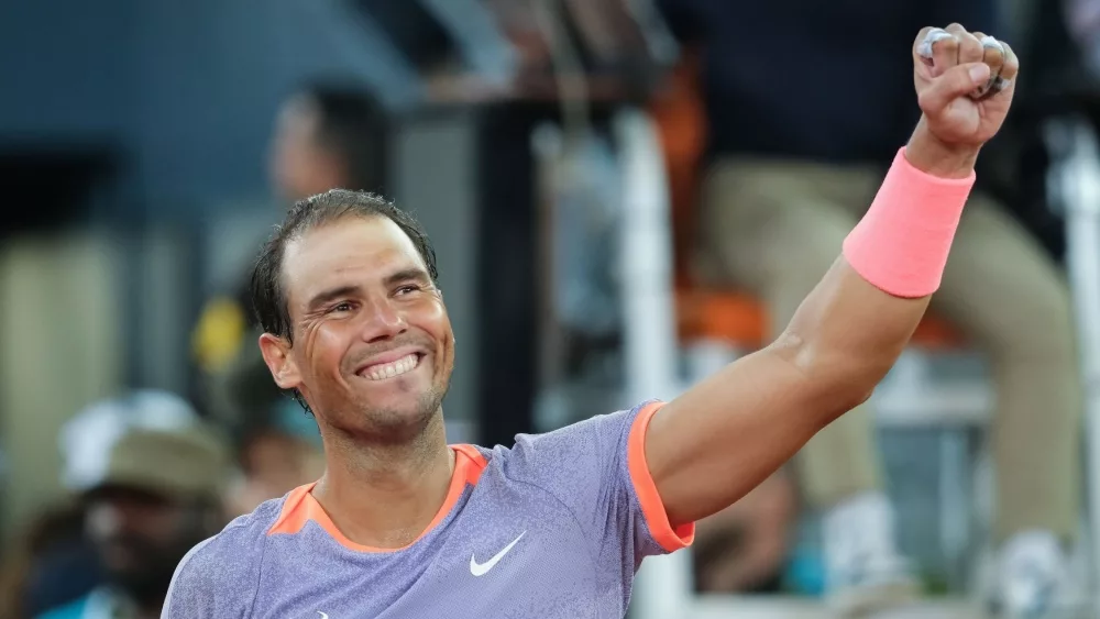 Rafael Nadal of Spain against Alex de Minaur in the Men's Singles Round of 64 match during Day Five of the Mutua Madrid Open at La Caja Magica on April 27, 2024 in Madrid, Spain.