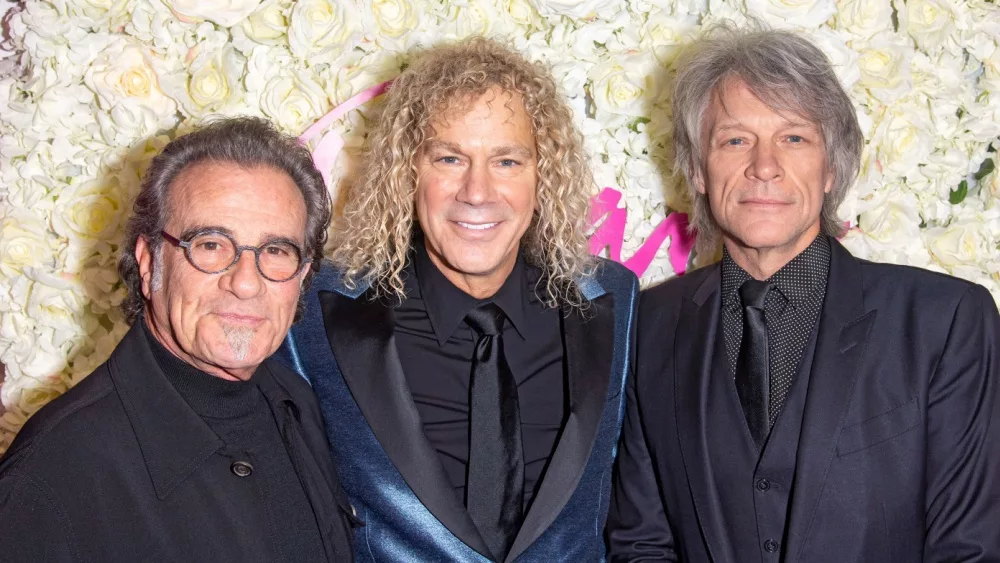 (L-R) Bon Jovi members Tico Torres, David Bryan, and Jon Bon Jovi attend the opening night of "Diana, The Musical" on Broadway at The Longacre Theatre. NEW YORK, NEW YORK - NOVEMBER 17, 2021