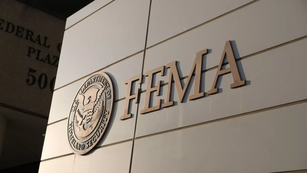 Logo and FEMA lettering on the Federal Emergency Management Agency Headquarters Building. Washington, DC USA; August 3, 2024