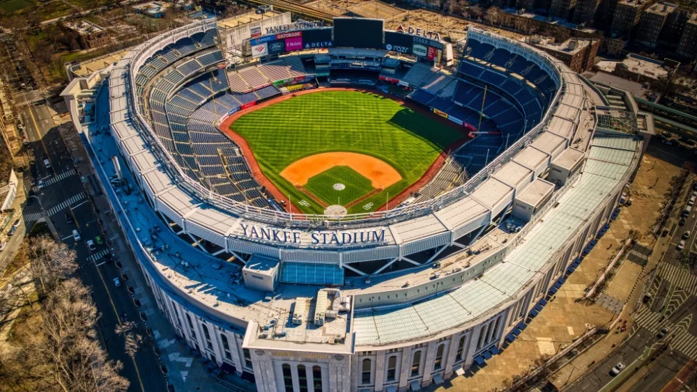 Aerial view of iconic Yankee Stadium in Bronx, New York City, US. BRONX, US - Mar 28, 2023