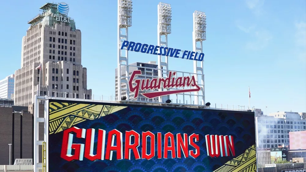 Scoreboard in the outfield at Progressive Field shows the Cleveland Guardians. Cleveland, OH - June 30, 2022