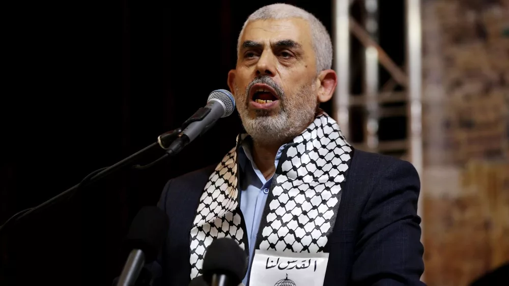 Hamas leader Yahya Sinwar, speaks during a conference in Gaza city, on November 4, 2019. Photo by Abed Rahim Khatib