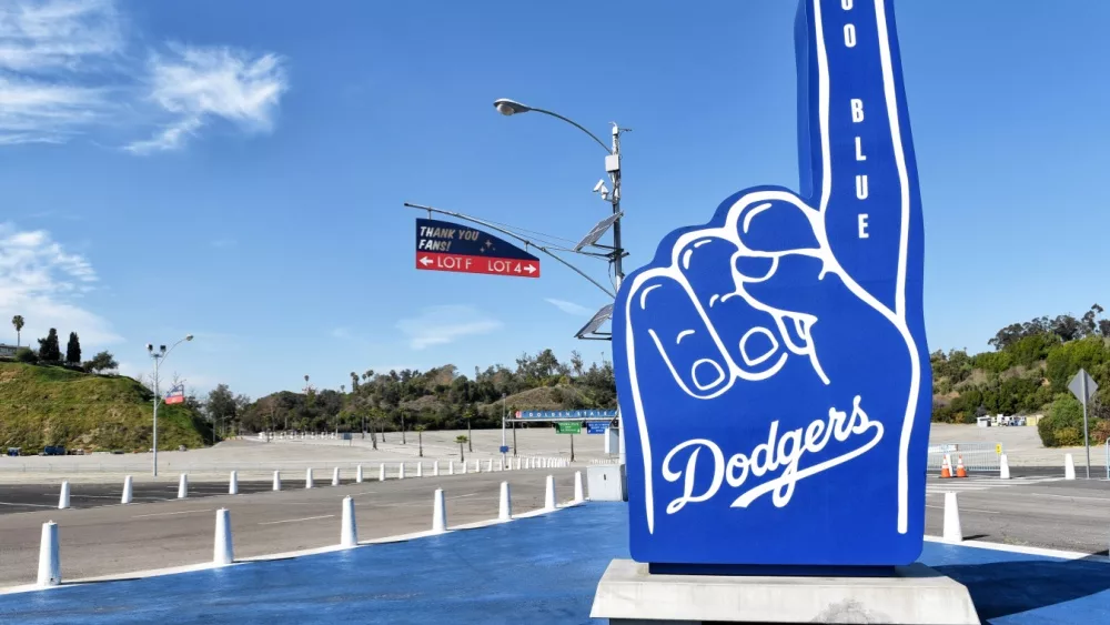 Number 1 hand figure with Go Blue at Dodger Stadium. LOS ANGELES, CALIFORNIA - 11 FEB 2020