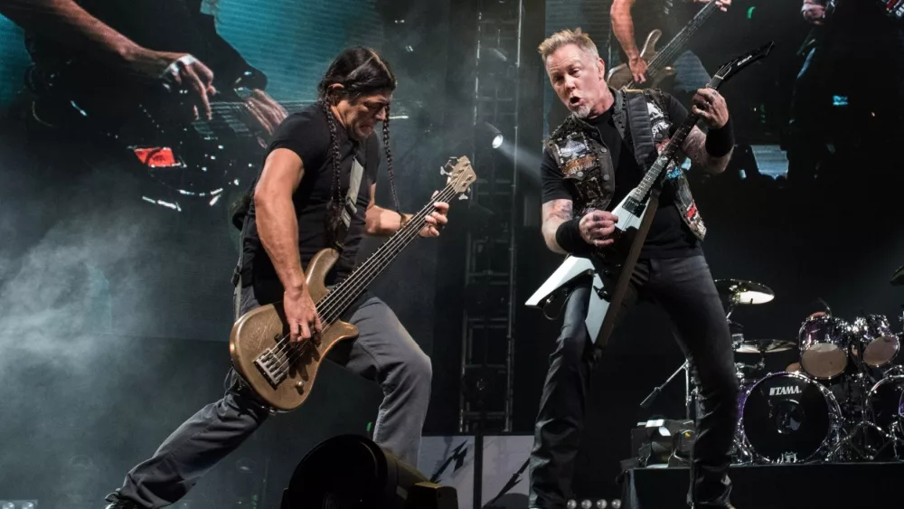 Metallica show, Vocalist James Hetfield with Bass Guitarist Robert Trujillo performed on stage. HONG KONG - January 20, 2017