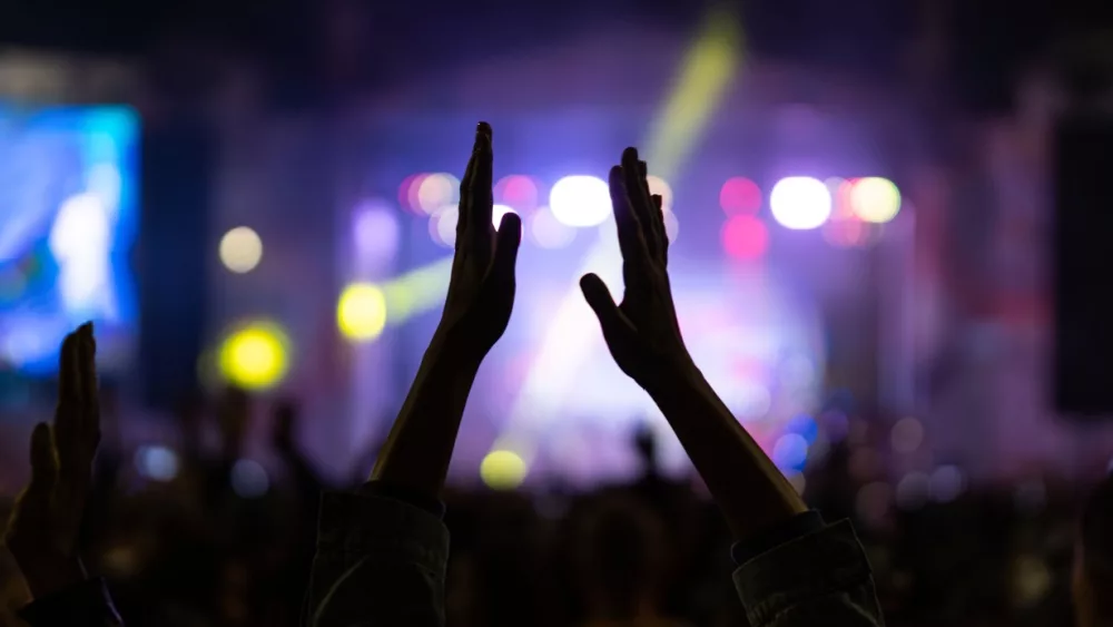 woman claps his hands at a musical concert in a crowd of people. clapping crowd at singer's concert. smoke, applause and hands in soft focus, abstract background