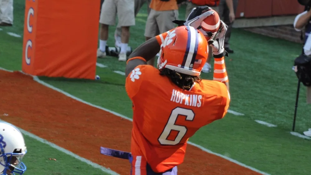 Clemson's DeAndre Hopkins catches a touchdown pass from Tajh Boyd on September 11, 2010 in Clemson, South Carolina. Clemson defeated Presbyterian 58-21.