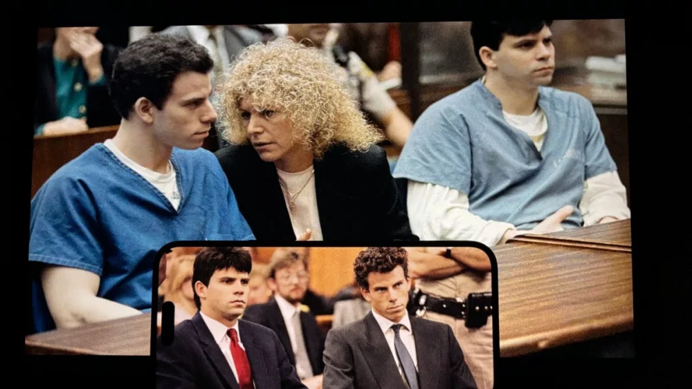 photo collage of Erik and Lyle Menendez with their attorney. the brothers are serving life sentences without parole for the 1989 shotgun slayings of their parents, José and Mary Louise “Kitty” Menendez.