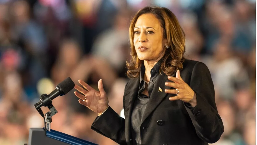 Vice President Kamala Harris speaks on the stage as she cmapaigns for President at Wilkes University McHale Athletic Center in Wilkes-Barre, PA on September 13, 2024