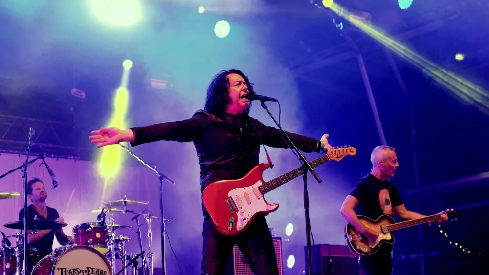 Roland Orzabal and Curt Smith with British New Wave band Tears for Fears performing at Camp Bestival, Lulworth, Dorset, July 31st 2016 in Dorset, UK