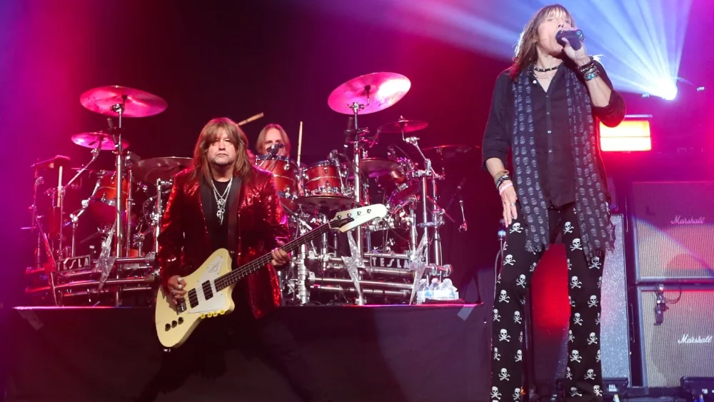 (L-R) Brian Wheat, Troy Luccketta and Jeff Keith of Tesla performs onstage at the Paramount on October 25, 2018 in Huntington, New York.