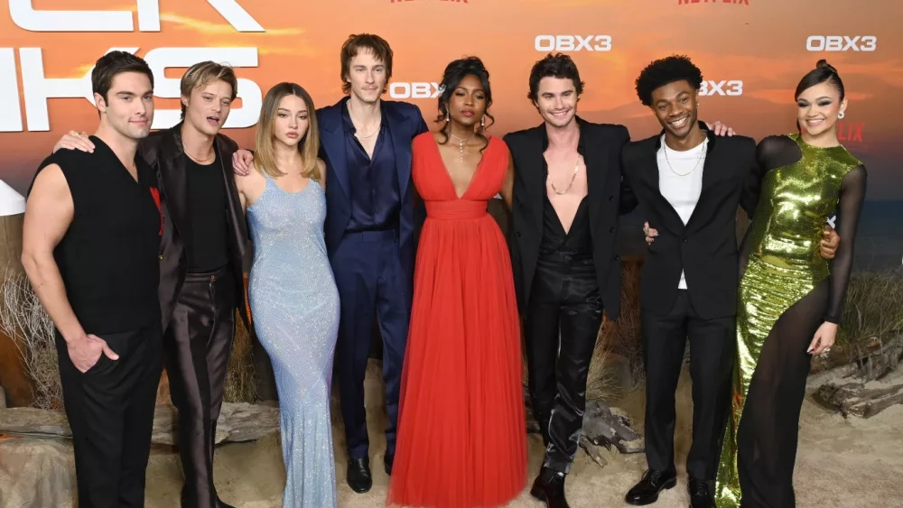 Austin North, Rudy Pankow, Madelyn Cline, Drew Starkey, Carlacia Grant, Chase Stokes, Jonathan Daviss and Madison Bailey at the season 3 premiere for "Outer Banks". LOS ANGELES, CA. February 16, 2023