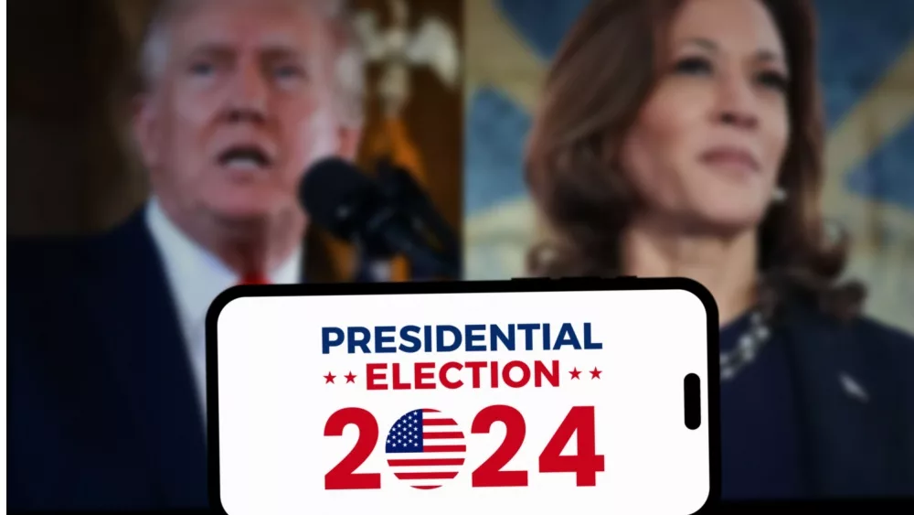 The 2024 American presidential election concept, with Donald Trump and Kamala Harris in the background. Donald Trump vs Kamala Harris for US President.