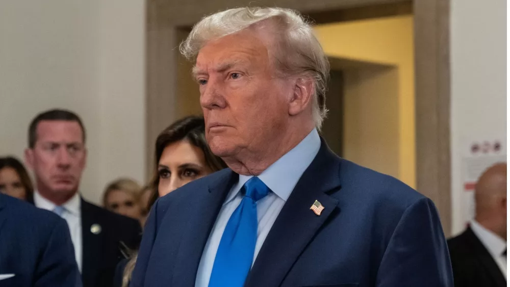 Donald Trump speaks to press before the start of civil fraud trial brought by NYS Attorney General Letitia James at NYS court in New York on October 2, 2023