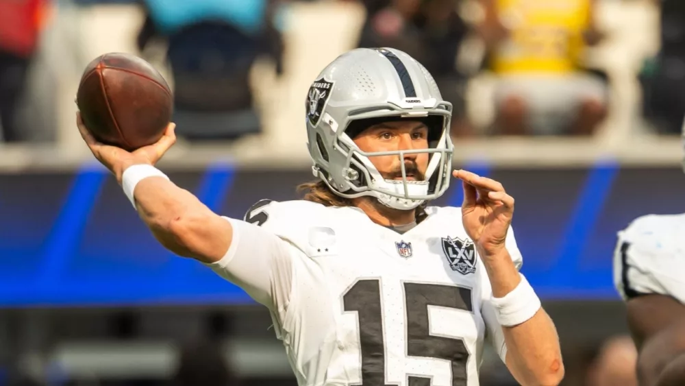 Las Vegas Raiders quarterback Gardner Minshew II #15 pass the ball against the Los Angeles Rams in an NFL football game at SoFi Stadium, Oct. 20, 2024, in Inglewood, Calif.