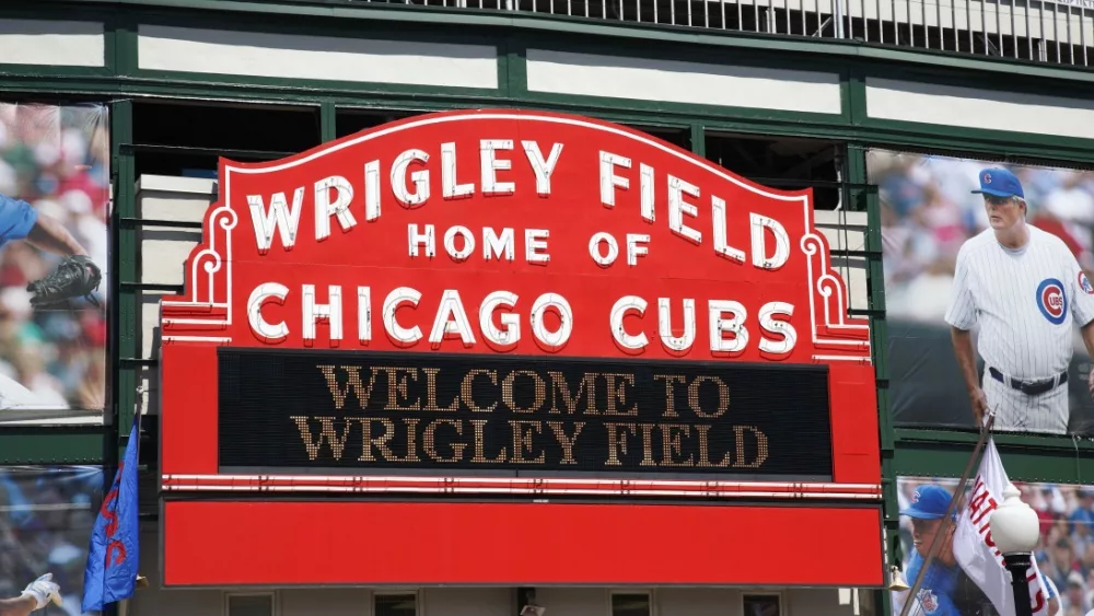 A colorful new look for classic Wrigley Field highlights the famous welcome sign on April 26, 2010 in Chicago, Illinois. CHICAGO - APRIL 26.