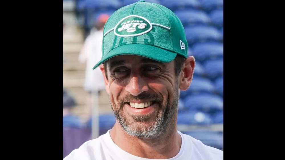 New York Jets quarterback Aaron Rodgers (8) before the 2023 Pro Hall of Fame Game against the Cleveland Browns on August 3, 2023 at Tom Benson Hall of Fame Stadium.