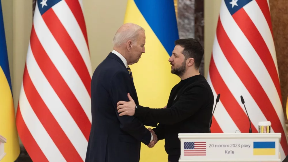 U.S. President Joe Biden and Ukraine's President Volodymyr Zelenskiy attend a joint news briefing, amid Russia's attack on Ukraine. Kyiv, Ukraine February 20, 2023.