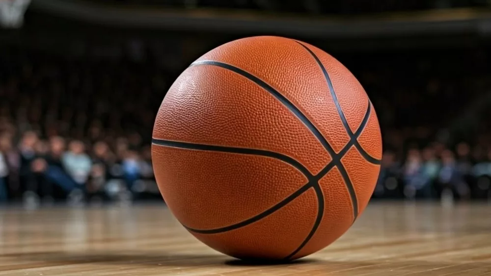 Indoor photo of basketball on the basketball court, no people, no brand