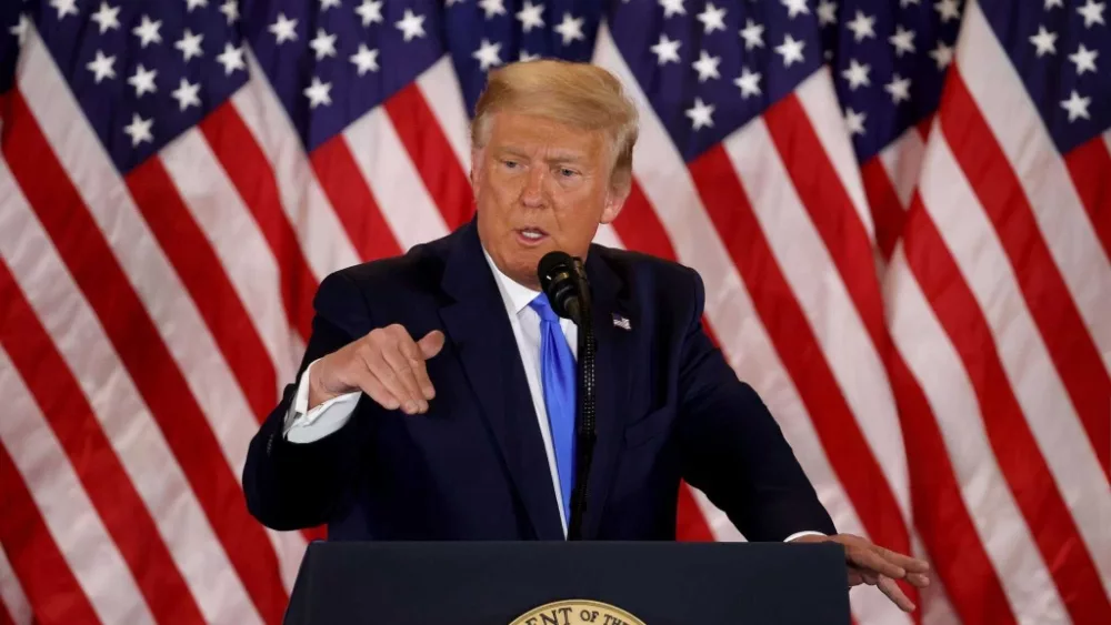 President Donald Trump speaks on election night in the East Room of the White House in the early morning hours of November 04, 2020 in Washington, DC.