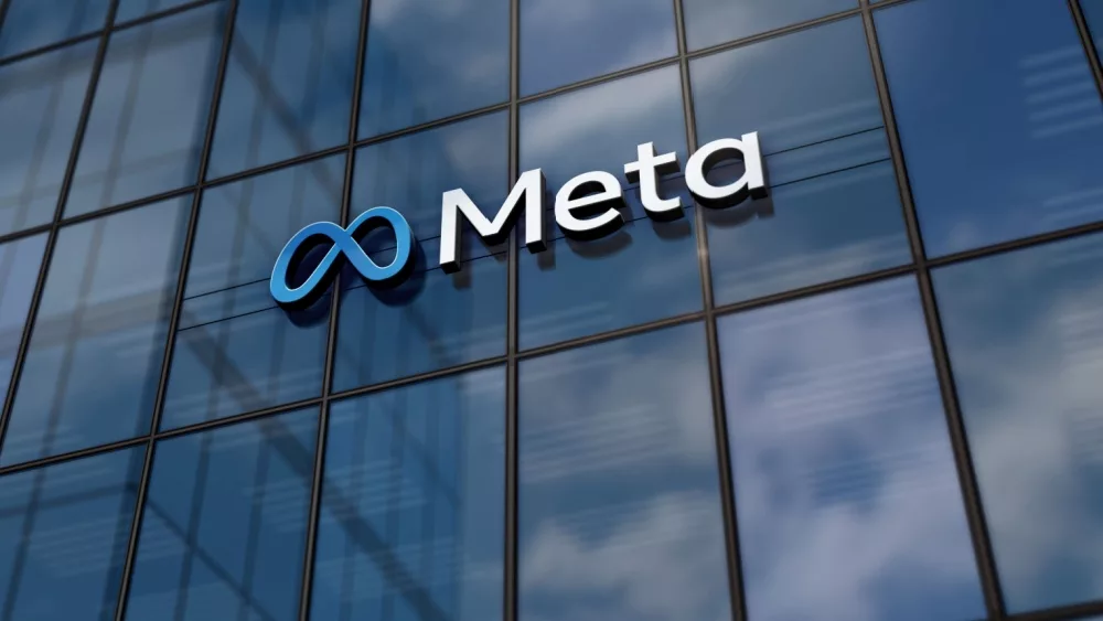 Meta corporation headquarters glass building concept. Metaverse facebook virtual reality network company symbol on front facade 3d illustration. Menlo Park, USA, May 5, 2023