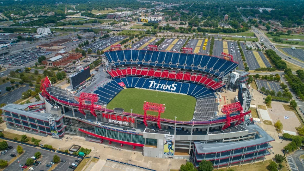 Aerial drone image of Nissan Stadium, home of Tennessee Titans. NASHVILLE, TENNESSEE, USA - AUGUST 1, 2018