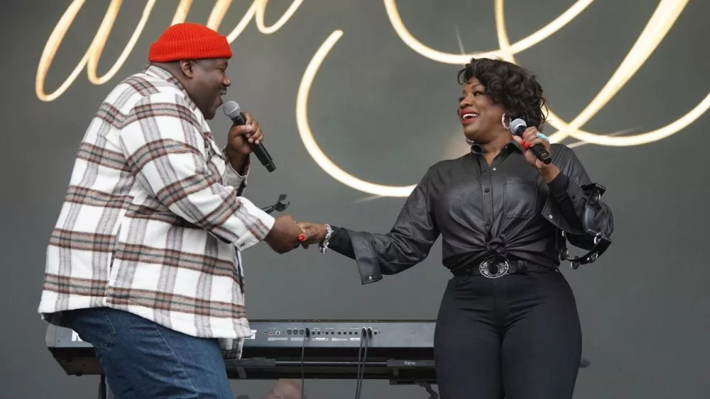 The War and Treaty, a husband and wife duo consisting of Michael Trotter Jr. and Tanya Trotter, performs on stage at the 2024 Soundside Music Festival. Bridgeport, Connecticut - September 29, 2024