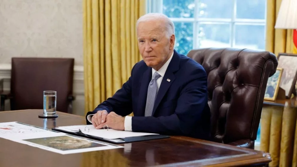 U.S. President Joe Biden speaks to members of the news media while receiving a briefing about the ongoing wildfire season in the Oval Office at the White House on September 17, 2024 in Washington, DC.