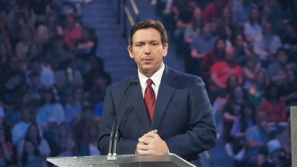 Florida Governor Ron DeSantis speaking at Lynchburg, Virginia, on April 14, 2023.