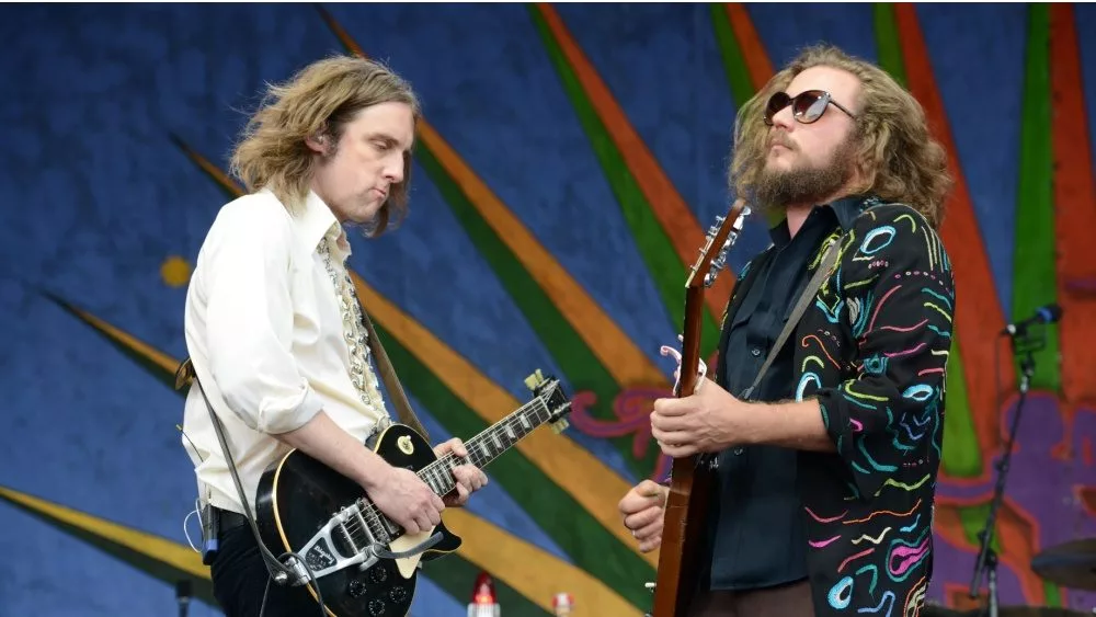 Jim James and Carl Broemel of My Morning Jacket performs at the 2016 New Orleans Jazz and Heritage Festival. New Orleans, LA - April 29, 2016