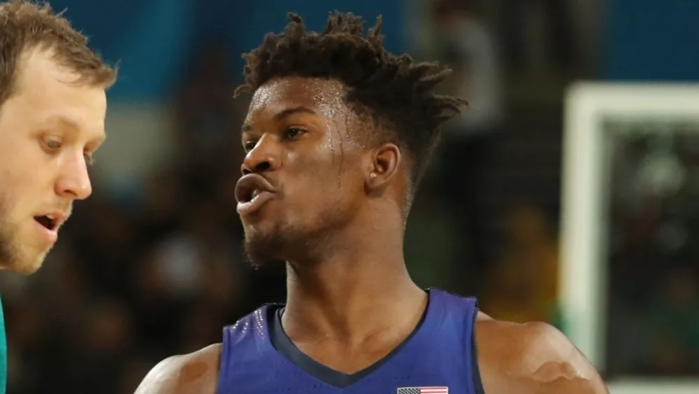 Jimmy Butler of team United States in action during group A basketball match between Team USA and Australia of the Rio 2016 Olympic Games at Carioca Arena 1 RIO DE JANEIRO, BRAZIL - AUGUST 10, 2016