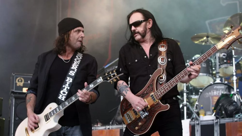 Bass player Ian "Lemmy" Kilmister (R) and guitarist Phil Campbell of Motorhead perform on July 4, 2009 in Brno, Czech Republic.