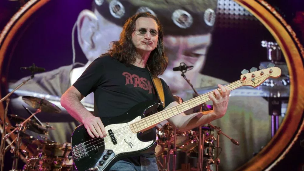 Geddy Lee of the rock band Rush hits the stage for part of their Time Machine Tour at the Gibson Amphitheater in Universal City, CA on June 22, 2011.