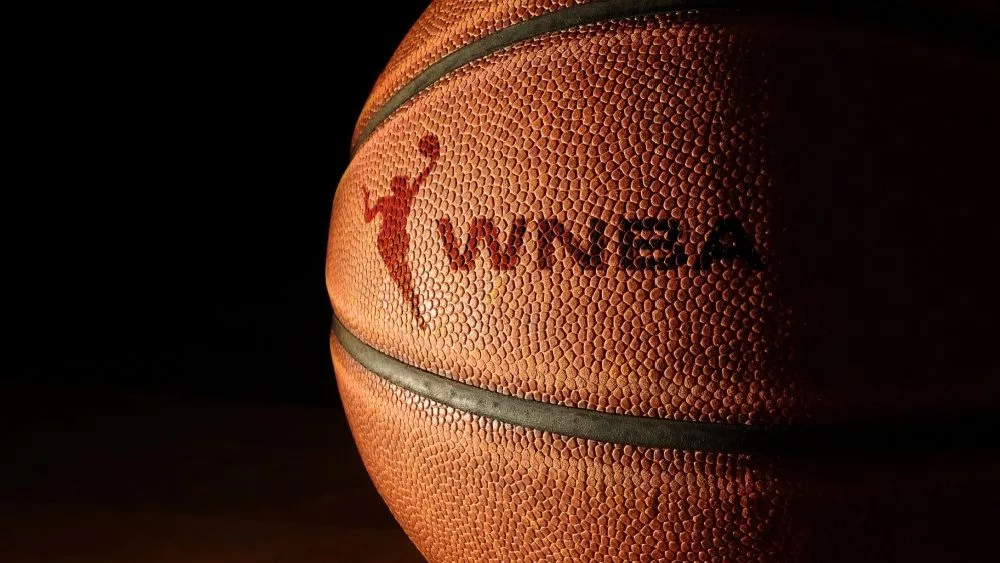 Closeup of a basketball with the WNBA logo and text. Raleigh, NC - USA - 06-13-2024