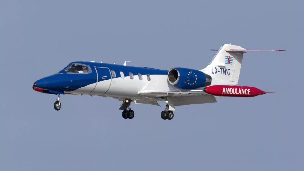 Luqa, Malta August 14, 2015: Luxembourg Air Ambulance Learjet 35A/ZR on finals for runway 31.