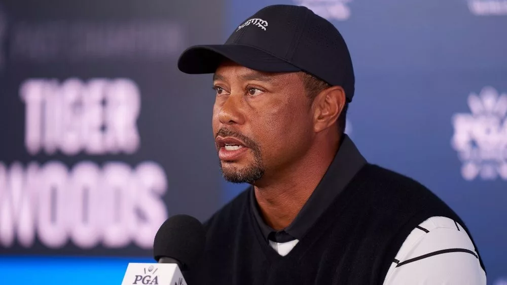 Tiger Woods of United States during press conference prior to the 2024 PGA Championship at Valhalla Golf Club on May 14, 2024 in Louisville, Kentucky.