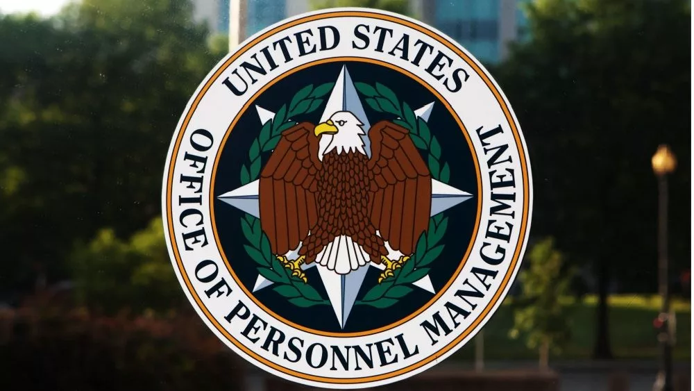 Emblem on the door of the Office of Personnel Management (OPM) in Washington, DC. OPM manages the civil service of the federal government.