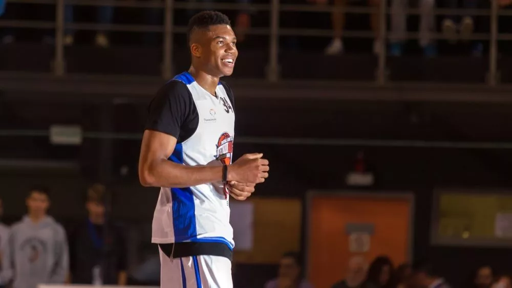 Giannis Antetokounmpo (player Milwaukee Bucks) during Antetokounbros Streetball Event 2016 at Thessaloniki. Thessaloniki, Greece - May 22, 2016: Giannis Antetokounmpo (player Milwaukee Bucks) during Antetokounbros Streetball Event 2016 at Thessaloniki.