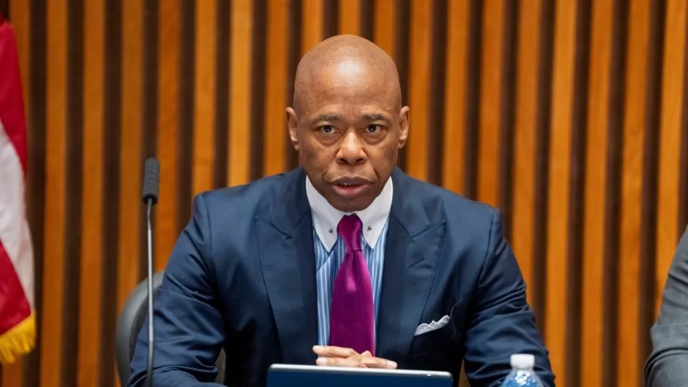 Mayor Eric Adams speaks during a briefing with police brass on crime statistics for March, First Quarter at One Police Plaza on April 3, 2024 in New York City.