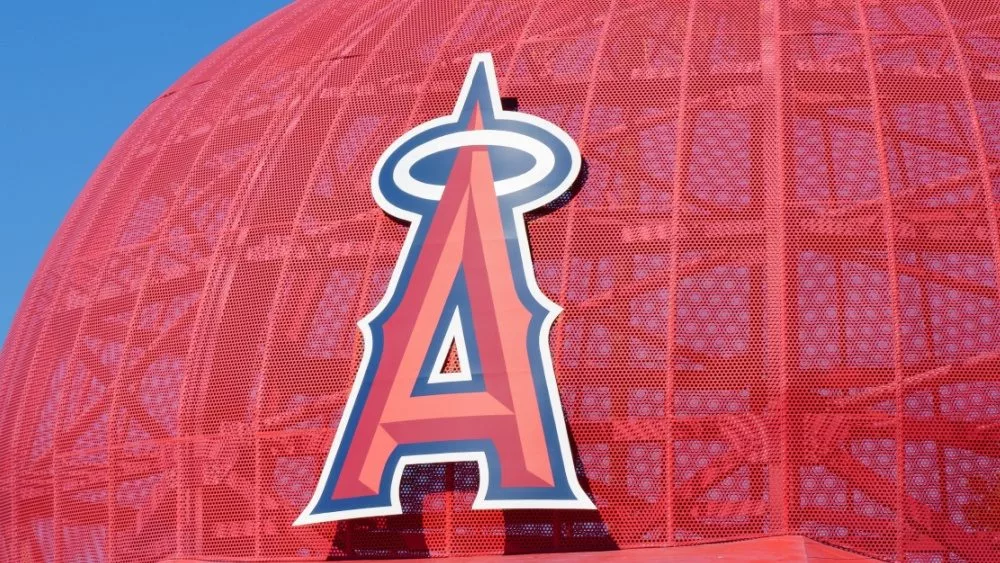 Iconic oversized Angels baseball cap at the entrance to Angel Stadium, home of Major League Baseball's Los Angeles Angels.