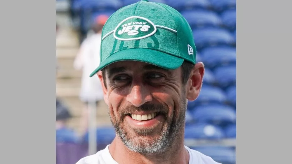 New York Jets quarterback Aaron Rodgers (8) before the 2023 Pro Hall of Fame Game against the Cleveland Browns on August 3, 2023 at Tom Benson Hall of Fame Stadium.