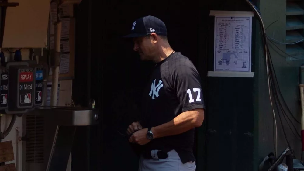 New York Yankees Manager Aaron Boone #17 before a game against the Oakland Athletics. Oakland, California - August 28, 2021