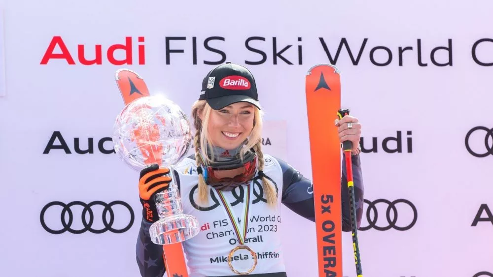 Mikaela SHIFFRIN of USA winner the Overall Audi FIS Alpine Ski World Cup Finals Andorra 2023, on March 19, 2023 in Soldeu, Andorra.