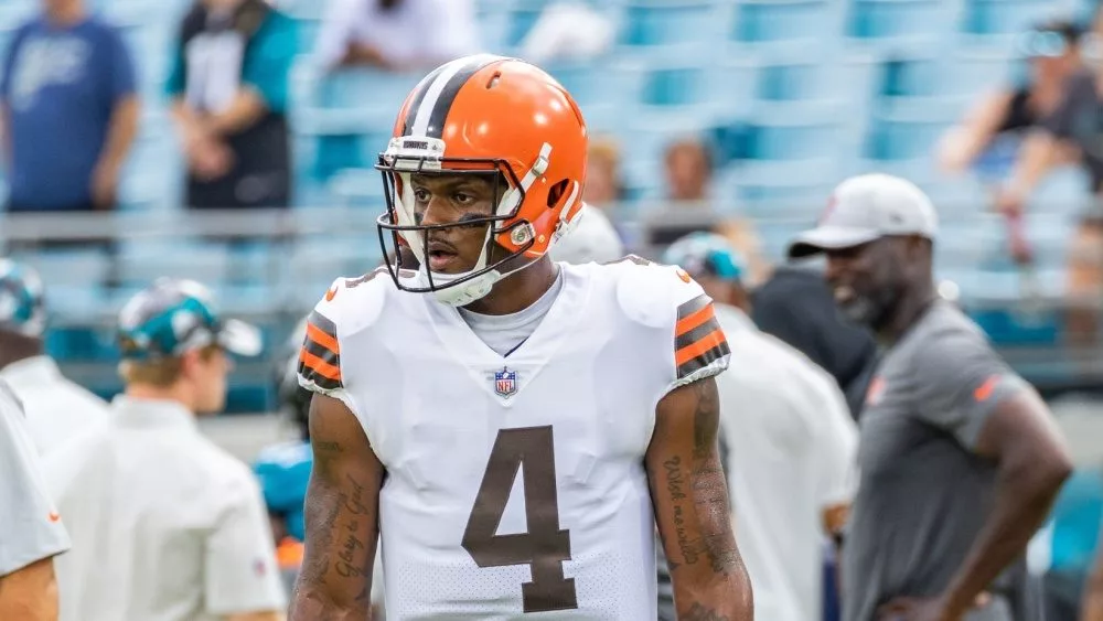 Deshaun Watson Jacoby Brissett #4 of Cleveland Browns at TIAA Bank Field Jacksonville Florida August 12, 2022