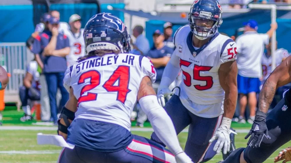 #24 DEREK STINGLEY JR. 55 JERRY HUGHES HOUSTON TEXANS VS JACKSONVILLE JAGUARS OCTOBER 9, 2022 at TIAA BANK FIELD JACKSONVILLE FLORIDA