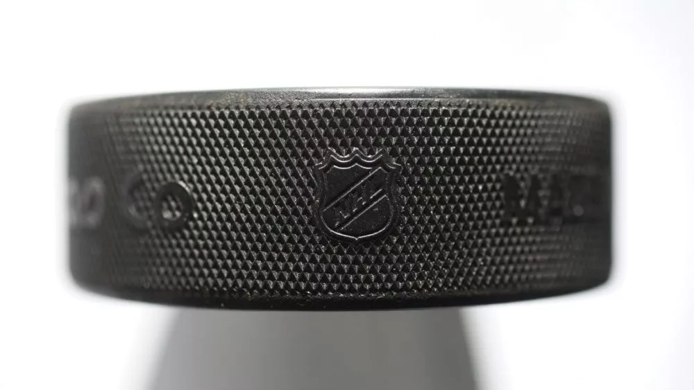 Official game puck from NHL, National hockey league, USA.MOTALA, SWEDEN- 8 FEBRUARY 2022