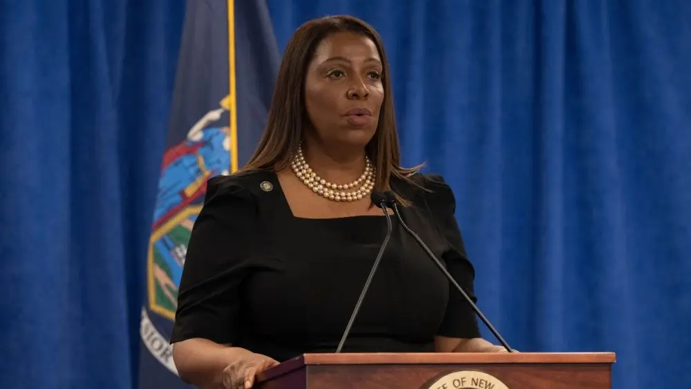 New York State Attorney General Letitia James delivers remarks on landmark victory in civil fraud trial against Donald Trump and the Trump Organization at 28 Liberty Street in New York on Feb 16, 2024