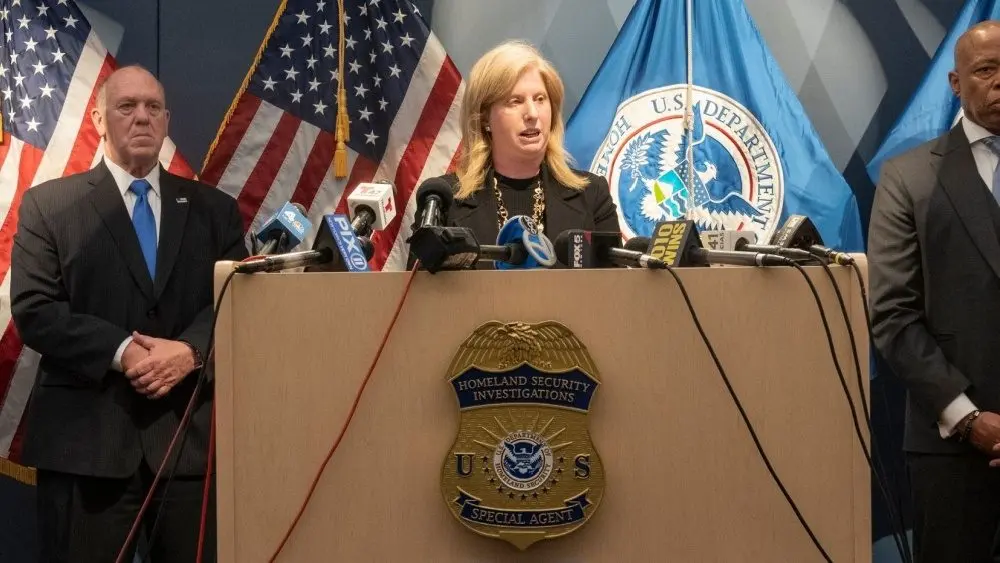 Police Commissioner Jessica Tisch speaks during Homeland Security Investigation announcement at New York office of arrest of alleged Tren De Aragua gang members. New York, NY - April 22, 2025